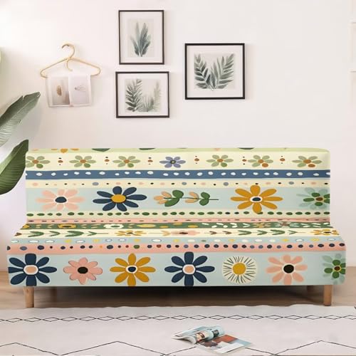 Xoenoiee Futon Sofa Bed Cover Stretch Armless Futon Slipcover Washable Elastic Sofa Couch Covers Home Furniture Protector, Boho Floral Stripes