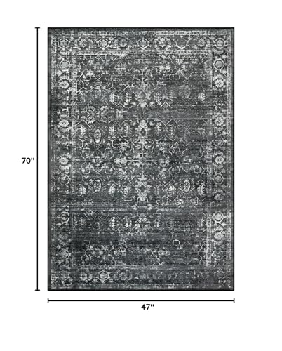 Lahome Margot Vintage 5x7 Area Rugs - Washable Non-Slip Boho Living Room Rugs for Under Table, Black Low Profile Soft Faux Wool for Bedroom, Dinning Room, Nursery, Playroom