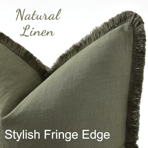 decorUhome Linen Fringe Olive Green Throw Pillow Covers 16x16 Set of 2