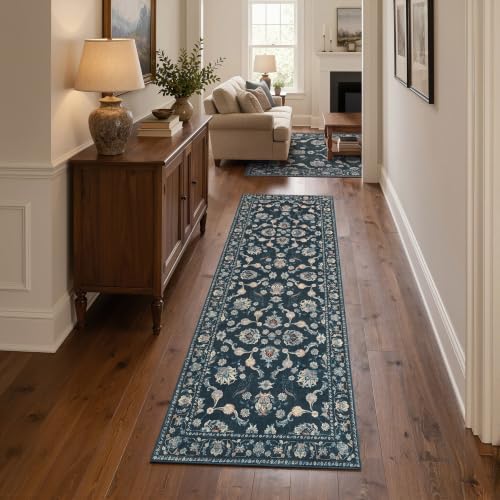 jinchan 2x6 Traditional Floral Runner Rug, Washable Rug, Midnight Blue