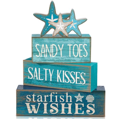 4 Pcs Summer Table Decorations Beach Tiered Tray Decor Starfish Coastal Rustic Wooden Block Sign Stacked Book Nautical Table Centerpiece for Farmhouse Home Living Room Office Desk Shelf Mantel
