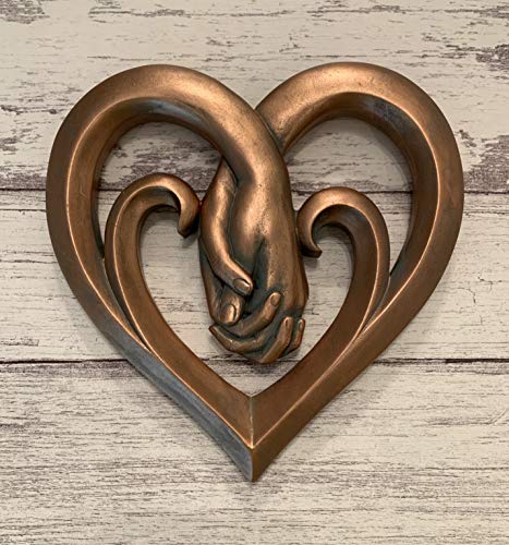 Top Brass Heart Holding Hands Wall Decor Decorative Art Sculpture - Copper Bronze Verdigris Finish - Forever Love