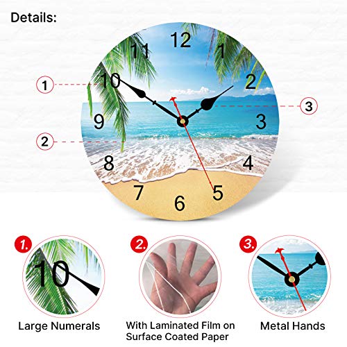 TAHEAT 14 Inch Summer Palm Trees Wall Clock Tropical Hawaiian Seashore Clocks, Silent Non Ticking Easy to Read Wall Clock for Kitchen/Bedroom/Living Room
