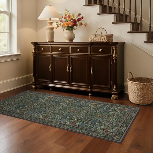 2x8 Hallway Runner Rug Washable Non Slip, Vintage Floral Forest Green