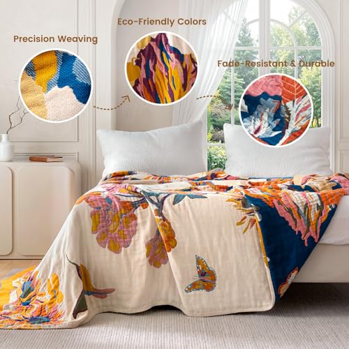 MSGKV Boho Throw Blanket for Couch and Sofa 50"x60" Cotton Throw Cover for Living Room with Floral and Butterfly, Summer Breathable&Lightweight Blanket