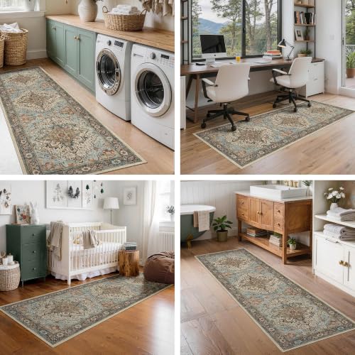 Washable 2x6 Runner Rug, Blue Vintage Floral Non-Slip for Hallway, Kitchen
