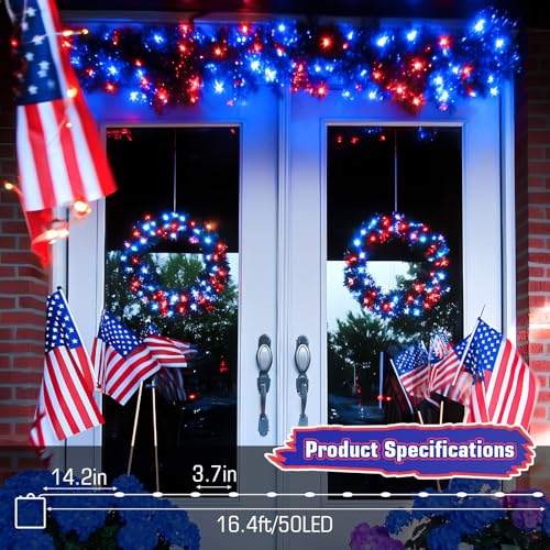 cshare Red White and Blue Fairy Lights Battery Operated, 4th of July Lights with Timer 16.4ft 50LED for 4th of July Independence Day Memorial Day Decorations