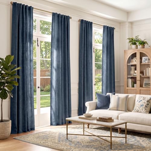 jinchan Burlap Linen Look Curtains 84 Inches Long Blue Textured Curtains for Living Room Light Filtering Farmhouse Curtain Panels Semi Sheer Country Rustic Bedroom Window Drapes Rod Pocket 2 Panels