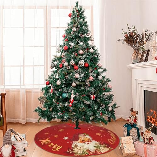Christmas Tree Skirt Red and Gold Christmas Decorations - Xmas Tree Skirt Mat with Santa Claus Snowflake Pattern for Indoor Outdoor Merry Christmas Holiday Party Decor 48 Inches