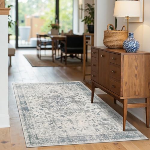 3x5 Entryway Rug,Blue Vintage Boho Bedroom Area Rug