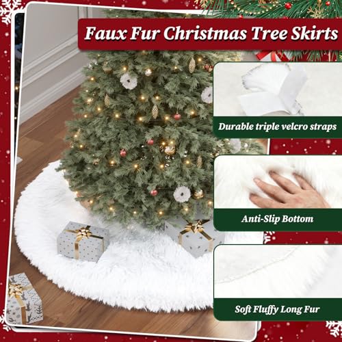 60 Inch Large Christmas Tree Skirt Faux Fur Snow White Plush Tree Mat Base Cover for Merry Christmas Party Holiday Home Indoor Xmas Tree Decorations