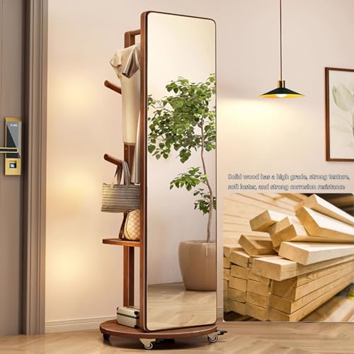Floor-Standing Solid Wood Rotating Coat Rack，Rustic Wood Full Length Mirror with Coat Rack 360° Rotatable Standing Mirror and Coat Hanger for Bedroom and Living Room Roller Version