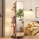 Floor-Standing Solid Wood Rotating Coat Rack，Rustic Wood Full Length Mirror with Coat Rack 360° Rotatable Standing Mirror and Coat Hanger for Bedroom and Living Room Roller Version