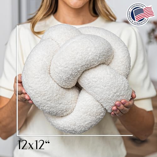 SAMIAH LUXE Vanilla Cream Teddy Boucle Knot Pillow Ball 12", Permanently Stitched Knotted Decorative Throw Pillow, Natural Kapok Fill, Round Accent Pillow for Couch Sofa Bed, Boho Home Decor