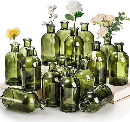 YOUEON 16 Pack Green Glass Bud Vases, Small Bud Vases in Bulk, Glass Flower Vases for Centerpieces, Vintage Decorative Bottle Vases for Flowers, Home Decor, Wedding Reception, Office