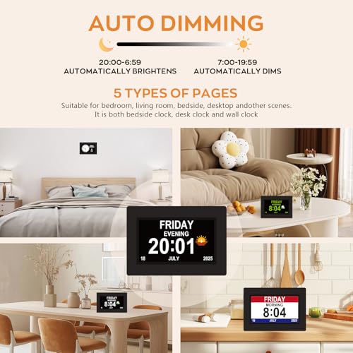 Digital Dementia Clocks for Seniors, 7 Inch, Black | Day Date Time Large Display for Poor Vision Easy Read, Medication Reminder Alarm, Spanish 10 Languages, Alzheimer Gifts