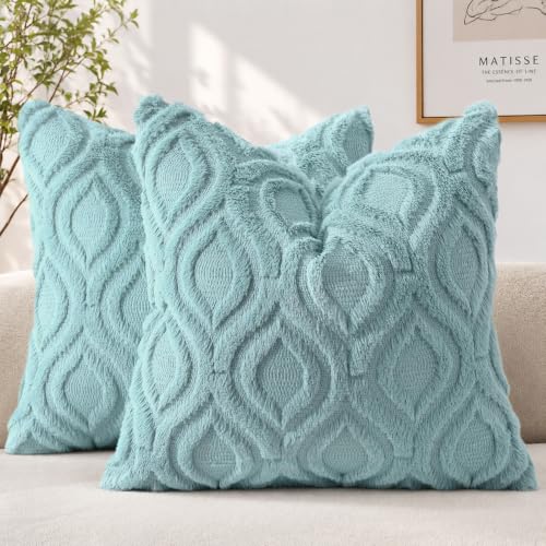 decorUhome Faux Fur Plush Soft Aqua Throw Pillow Covers 26x26 Set of 2