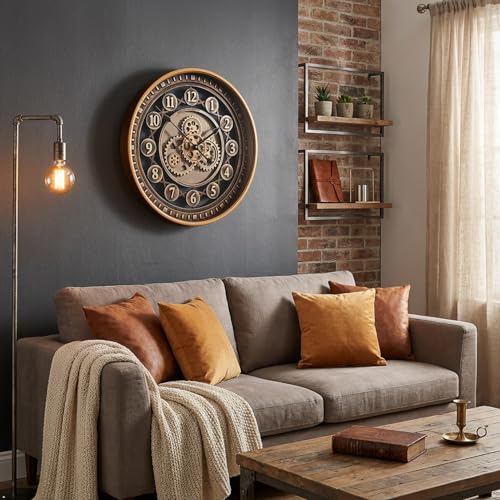 24 Inch Wall Clock with Moving Gears Large Industrial Steampunk Metal Clock Antique Gold Oversized Farmhouse Decor Wall Clock for Living Room Home Office(Bronze Brown-Arabic Numerals)