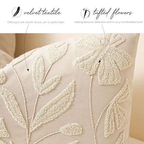 BlissBlush 14x36 Lumbar Pillow Cover for Bed, Rectangular Decorative Long Throw Pillowcase, Embroidered Farmhouse Accent Cushion, Beige Neutral Floral Tufted (Cover Only)