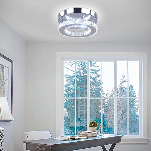 7.9" K9 Crystal LED Chandelier Flush Mount Ceiling Light, Cool White | K9 crystal 7.9“ in low-profile flush mount cool white LED for hallway foyer closet bedroom indoor hardwired