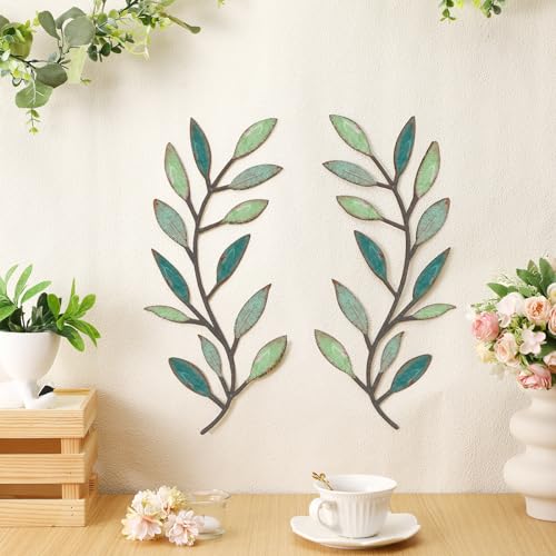 Zhengmy 2 Pieces Metal Tree Leaf Wall Decor Vine Olive Branch Leaf Wall Art Living Room, Hallway Wall Decor Outdoor Decoration(Gradient Green)