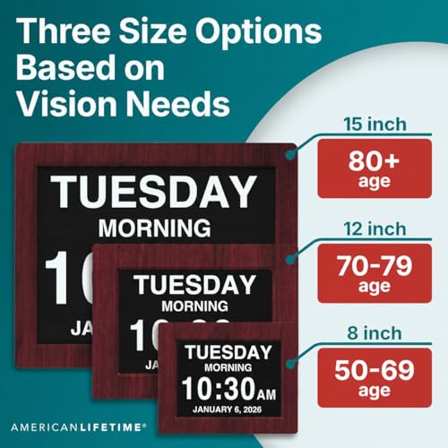 American Lifetime, New Version, Day Clock Extra Large Impaired Vision Digital Clock with Battery Backup and 5 Alarm Options, Premium Mahogany Color, 8 inch