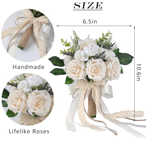 Wedding Bouquets for Bride Bridesmaid,White Champagne Artificial Roses Flowers for Wedding Church Decoration (6.5in)