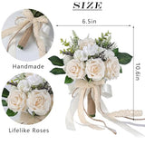 Wedding Bouquets for Bride Bridesmaid,White Champagne Artificial Roses Flowers for Wedding Church Decoration (6.5in)