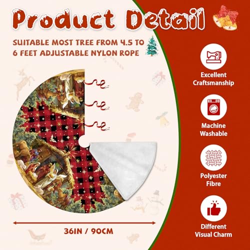 Nativity Christmas Tree Skirt 36 Inch, Christmas Skirt Tree Decoration with Buffalo Plaid Nativity, Christmas Trees Mat for Under Trees Holiday Party Indoor Decorations, Winter Gift for Women