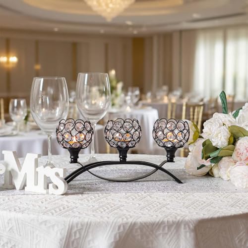 Crystal Tealight Candle Holder Centerpiece Home Decorative Candlestick Holder Elegant Table Centerpiece Home Decor Wedding Party Anniversary (Black, 3 Arm of 4 Pcs)