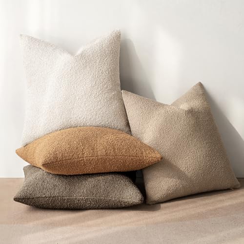 MIULEE Pack of 4 Decorative Textured Boucle Throw Pillow Covers 18x18 Inch Neutral Brown Accent Solid Pillow Cases Couch Cushion Covers for Modern Farmhouse Boho Chair Sofa Bed Room Home Decor