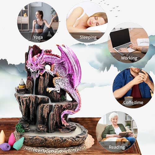 Dragon Backflow 2 Sided Mountain Waterfall Incense Burner,Fountain Smoke Incense Holder with Backflow Incense Cones, Tweezers, Mat，Resin Aromatherapy Meditationvaiuk (Purple)