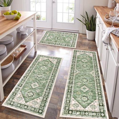HEBE Boho Kitchen Rugs Set of 3, Non Slip Washable Kitchen Mats for Floor