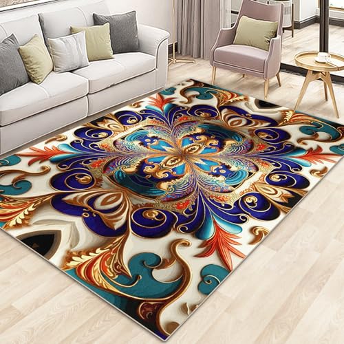 Washable Area Rug, Non-Slip Vintage Hallway Rug Runner with Upgrade Rubber Backing, Stain Resistant Faux Wool Distressed Carpet Runner for Bedroom Living Room Kitchen Laundry Entrance (70" x 55")