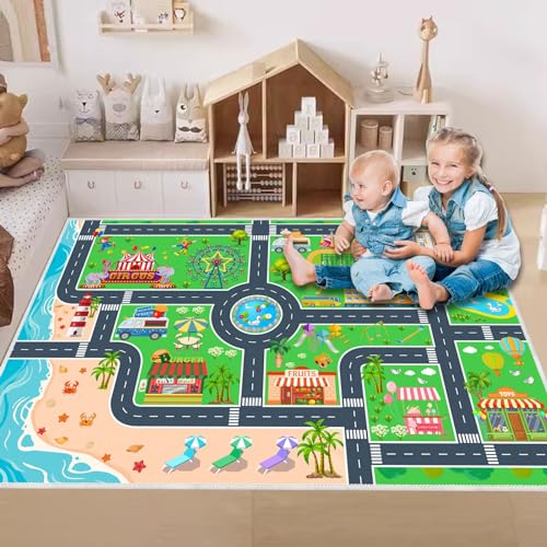 Kids Carpet Playmat Car Rug, Car Rug for Kids Toy Cars and Train, Non Slip Play Mat for Playroom Kids Room, City Life Educational Road Traffic Carpet for Classroom Nursery(Green,31×47in)