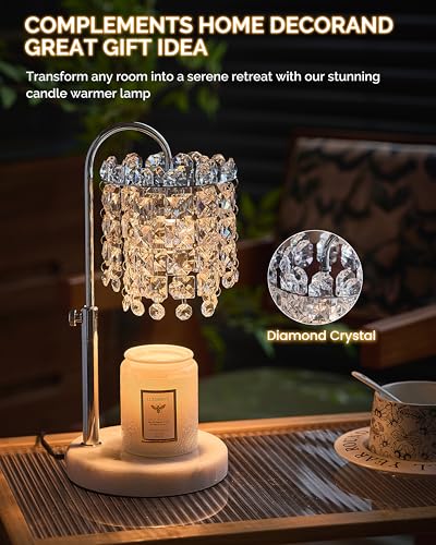 Candle Warmer Lamp with Timer Dimmer Adjustable Height Candle Warmer with Marble Base for Jar Candles, Crystal Candle Lamp with 3 Bulbs for New Home Decor, Women Mom Christmas Birthday Gifts, Silver