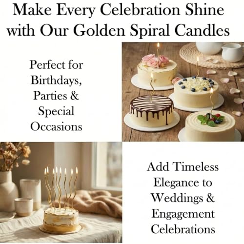 12-Count Spiral Birthday Candles, Long Twisty Gold Party Candles with Candle Holders, Long Burning for Weddings, Birthdays, Party Decorations, Cupcakes, Anniversary and Meetups (Gold)