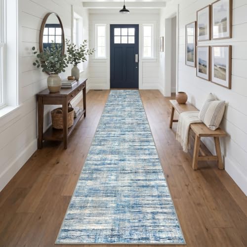 KOZYFLY Washable Long Runner Rug 2.6x18 Hallway Stair Rug Runner Blue Beige
