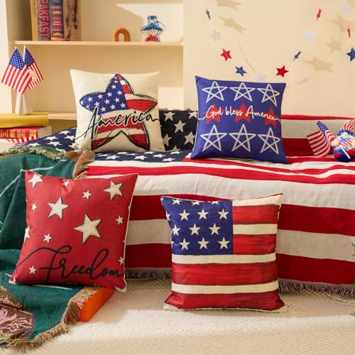 Hongsome Patriotic Decor-Throw Pillow Covers 18x18 in Set of 4,4th of July Linen Pillow Case for Independence Day,Memorial Day,Veteran's Day,USA,American Summer Outdoor Red White Blue Decorations