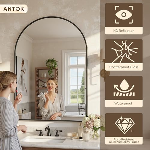 Antok Arched Bathroom Mirror, 20"x30" Wall Mounted Mirror, Vanity Mirrors for Over Sink, Aluminum Alloy Frame Bathroom Mirrors Living Room, Bedroom and Entryway, Black