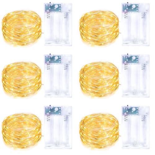 6 Pack Fairy Lights Battery Operated with Timer Silver Wire Mini 13FT 40LED Waterproof Cuttable Twinkle Christmas String Lights for Home Bedroom Wedding DIY Centerpiece Birthday (Warm White)
