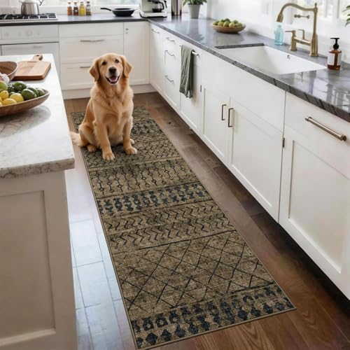 2x6 Machine Washable Runner Rug Kitchen Hallway Area Rug Brown Black Vintage Moroccan Rug Ultra Non-Slip Low Pile Soft Faux Wool Carpet Kids and Pets Friendly for Bedroom Entryway Bedside Decor Rug
