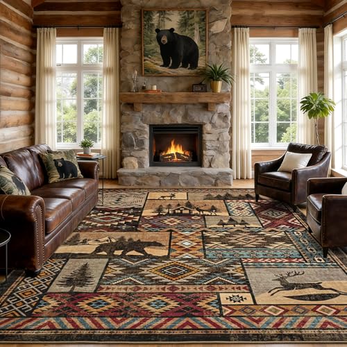 Rustic Cabin Area Rug 8x10,Western Rugs for Living Room Bedroom,Brown Rug