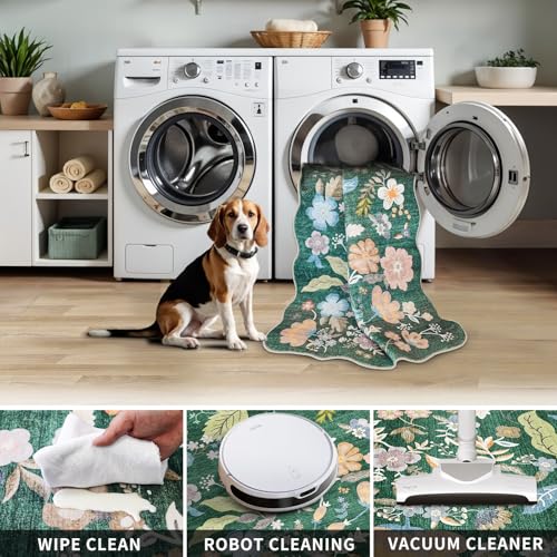 4x6 Washable Rug for Living Room: Non-Slip Scalloped Floral Area Rug Green