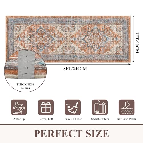 Washable 3x8 Hallway Runner Rug, Oriental Indoor Soft Non-Slip Carpet for Kitchen Bathroom Entryway Thin Stain Resistant Floor Mat for Living Room Bedroom Laundry