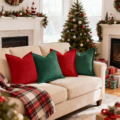 Mecatny Corduroy Throw Pillow Covers 20x20 Set of 2 Christmas Red
