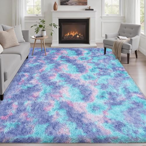 Area Rug Living Room Bedroom: 4x6 Fluffy Plush Shag Carpet Rainbow
