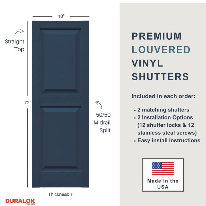 Vinyl Exterior Shutters | One Pair | Raised Two Panel 50/50 Split Exterior Window Shutters | 18" x 48" | Black | Simple Installation + Hardware Included | Made in The US