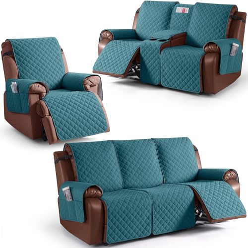 KinCam 100% Waterproof Recliner Loveseat Cover with Console X1, Recliner Couch Covers X1, Recliner Chair Covers X1(Peacock Blue)