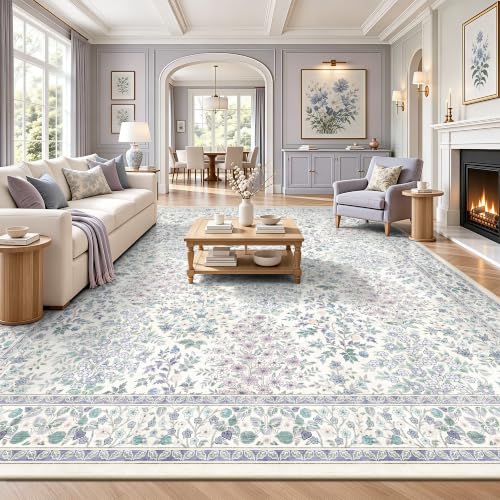 8x10 Area Rug for Living Room Low Pile Boho Machine Washable Floral Rugs for Dining Room, Bedroom, Nursery with Non-Slip Back(Purple Floral)